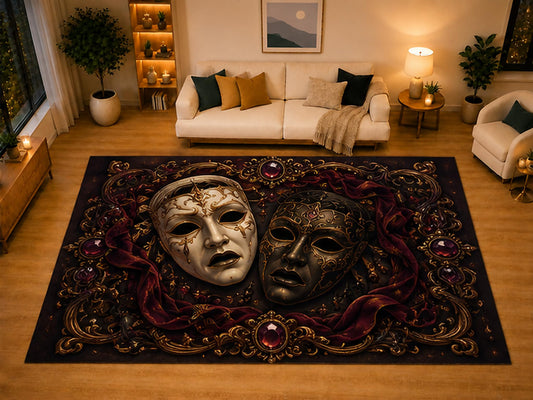 ICE ARMOR "Ultra Light Weight Large 6'7" x 9'10" Venetian Theater Masks Gothic Area Rug for Living Room Bedroom Dining Area, Soft Low Pile Non-Slip Backing, Burgundy Black Victorian Decor