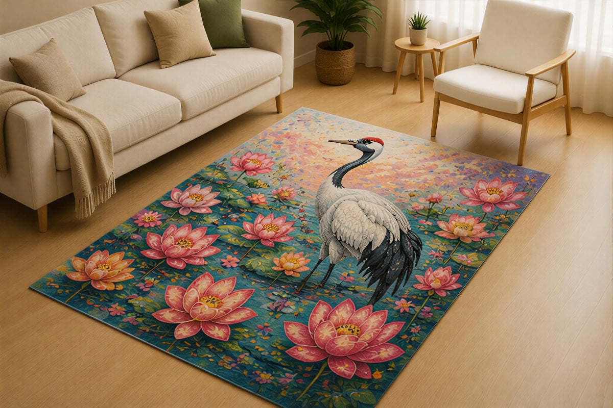 ICE ARMOR 5' x 7' Crane Lotus Pond Area Rug for Living Room, Soft Low Pile Indoor Rug with Non-Slip Silicone Backing, Nature Decorative Carpet for Bedroom, Dining Room, Family Room, Blue Pink