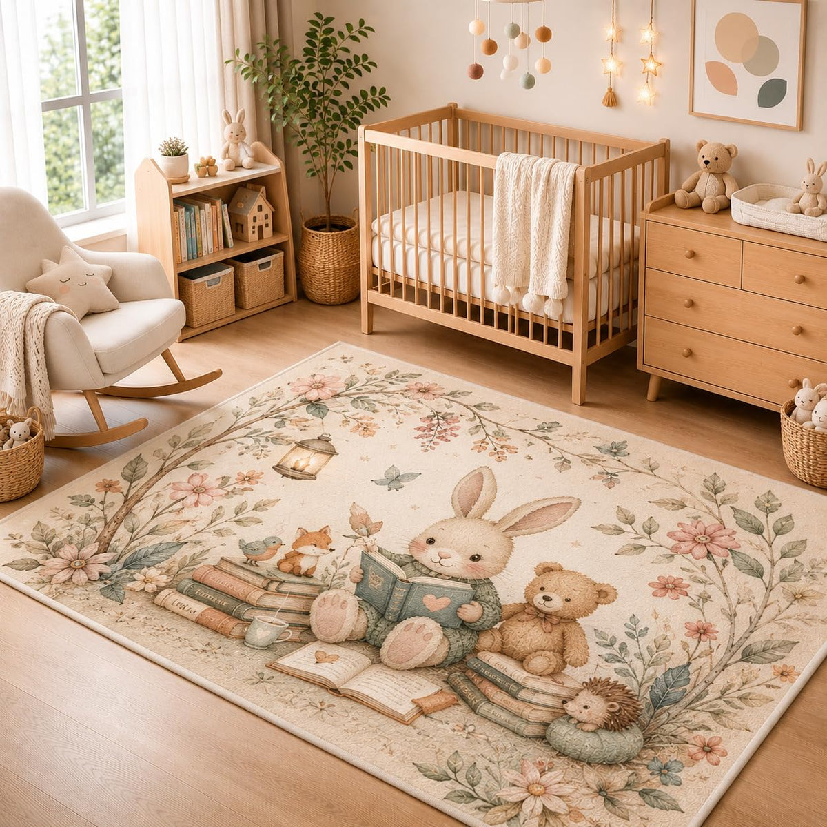 ICE ARMOR 5' x 7' Reading Bunny Storybook Area Rug, Soft Low Pile Indoor Rug with Non-Slip Silicone Backing, Woodland Nursery Carpet for Kids Room, Playroom, Bedroom, Beige Pink