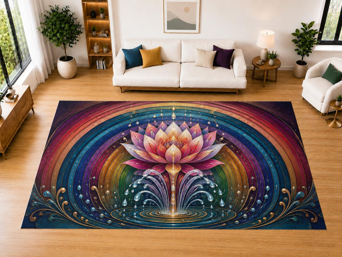 ICE ARMOR "Ultra Light Weight Large 6'7" x 9'10" Rainbow Lotus Fountain Area Rug for Living Room, Bedroom, Dining Room, Soft Low Pile Non-Slip Backing, Navy Purple Pink Teal