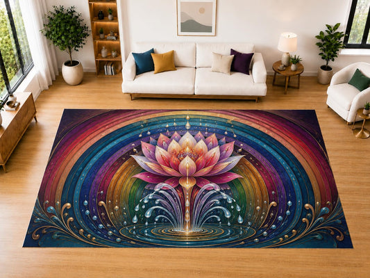 ICE ARMOR "Ultra Light Weight Large 6'7" x 9'10" Rainbow Lotus Fountain Area Rug for Living Room, Bedroom, Dining Room, Soft Low Pile Non-Slip Backing, Navy Purple Pink Teal