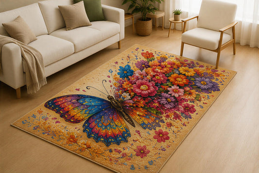 ICE ARMOR 5' x 7' Colorful Butterfly Flower Area Rug for Living Room, Soft Low Pile Indoor Rug with Non-Slip Silicone Backing Carpet for Bedroom, Nursery, Kids Room, Beige Multicolor