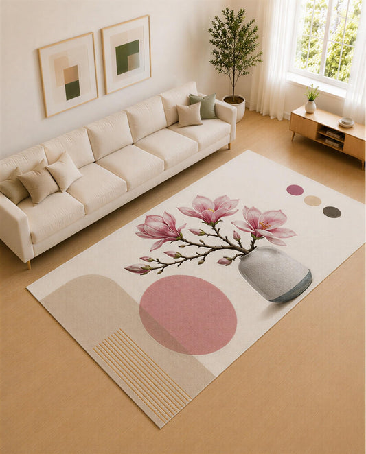 ICE ARMOR Large 6'7" x 9'10" Blush Pink and Ivory Magnolia Vase Area Rug for Living Room, Soft Low Pile Carpet with Non-Slip Silicone Backing, Decor for Bedroom and Home Office