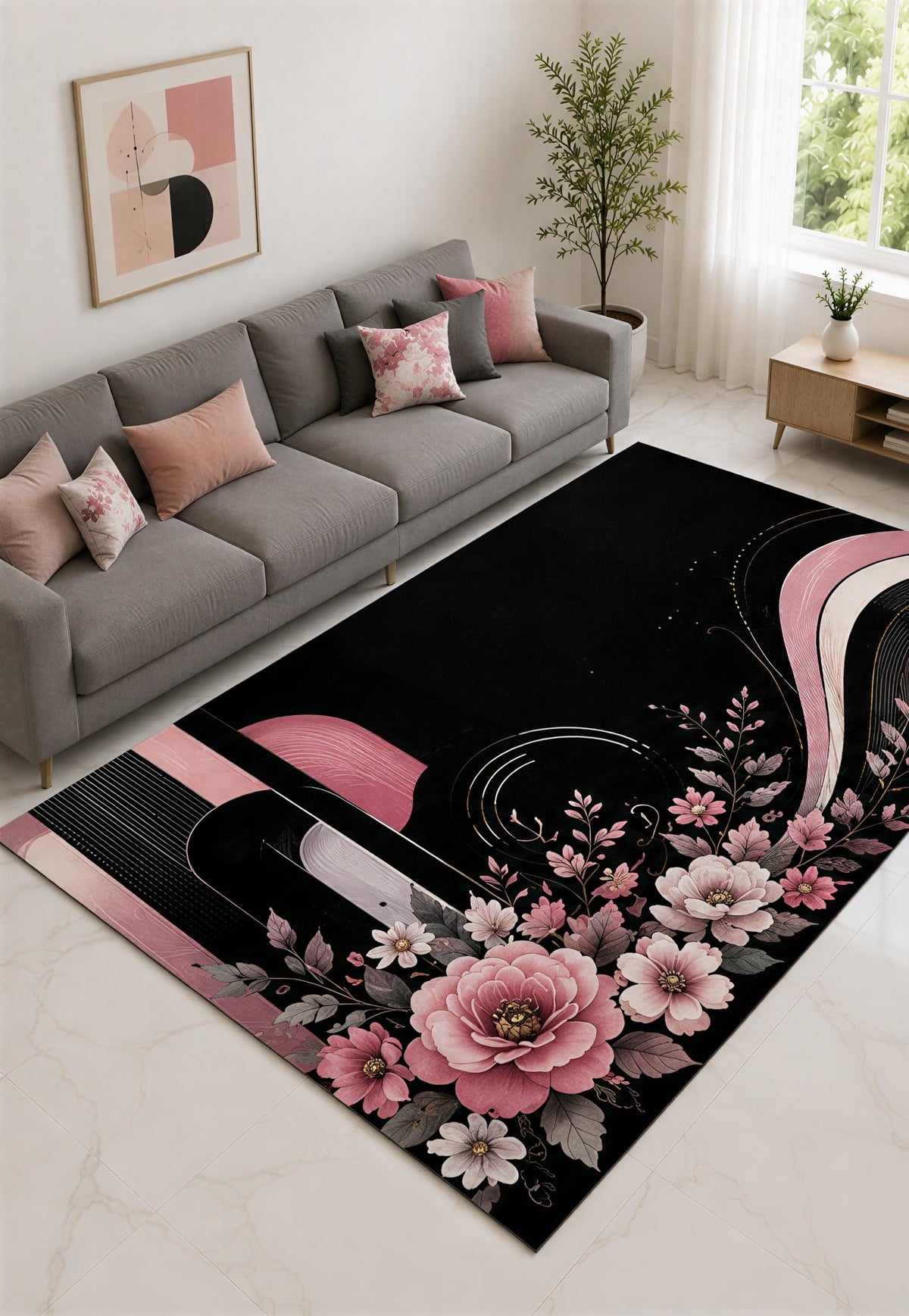 ICE ARMOR "Ultra Lightweight Large 6'7" x 9'10" Pink and Black Modern Floral Wave Area Rug for Living Room, Bedroom and Home Office, Soft Low Pile Carpet with Non-Slip Silicone Backing