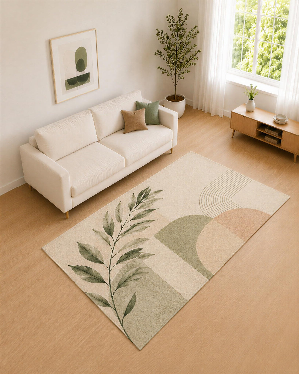 ICE ARMOR 5' x 7' Sage Green and Beige Botanical Blocks Area Rug for Living Room, Soft Low Pile Carpet with Non-Slip Silicone Backing, Decor for Bedroom and Home Office