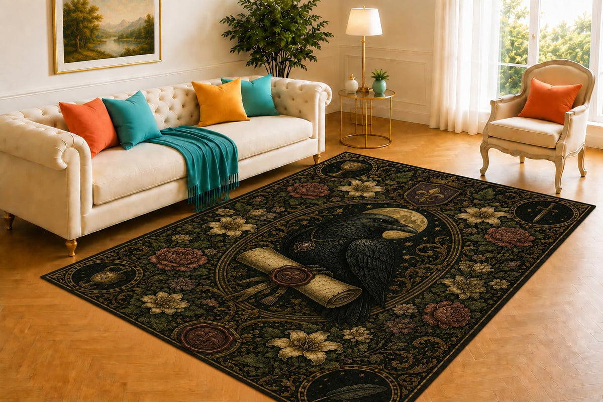 ICE ARMOR 5' x 7' Raven Messenger Rug, Wax Sealed Scroll, Heraldic Shield and Floral Border Design, Smooth Printed Floor Cover for Bedroom, Office, Library and Gothic Home Decor