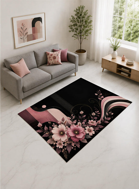 ICE ARMOR "Ultra Lightweight 5' x 7' Pink and Black Romantic Blossom Wave Area Rug for Living Room, Bedroom and Home Office, Soft Low Pile Carpet with Non-Slip Silicone Backing