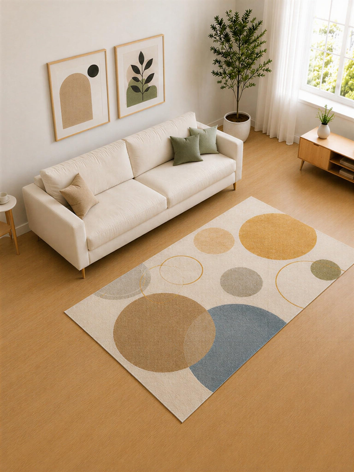 ICE ARMOR 5' x 7' Yellow and Blue Soft Circles Area Rug for Living Room, Soft Low Pile Carpet with Non-Slip Silicone Backing, Decor for Bedroom and Home Office