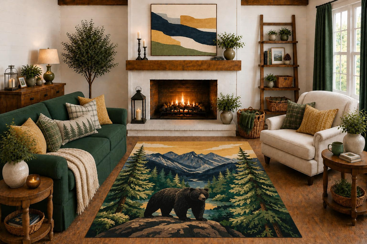 ICE ARMOR "Ultra Light Weight 5' x 7' Black Bear Mountain Area Rug, Rustic Evergreen Forest Lake Wildlife Art for Living Room Cabin Bedroom, Non-Slip Silicone Backing Low Pile