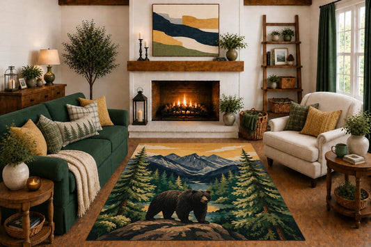 ICE ARMOR "Ultra Light Weight 5' x 7' Black Bear Mountain Area Rug, Rustic Evergreen Forest Lake Wildlife Art for Living Room Cabin Bedroom, Non-Slip Silicone Backing Low Pile