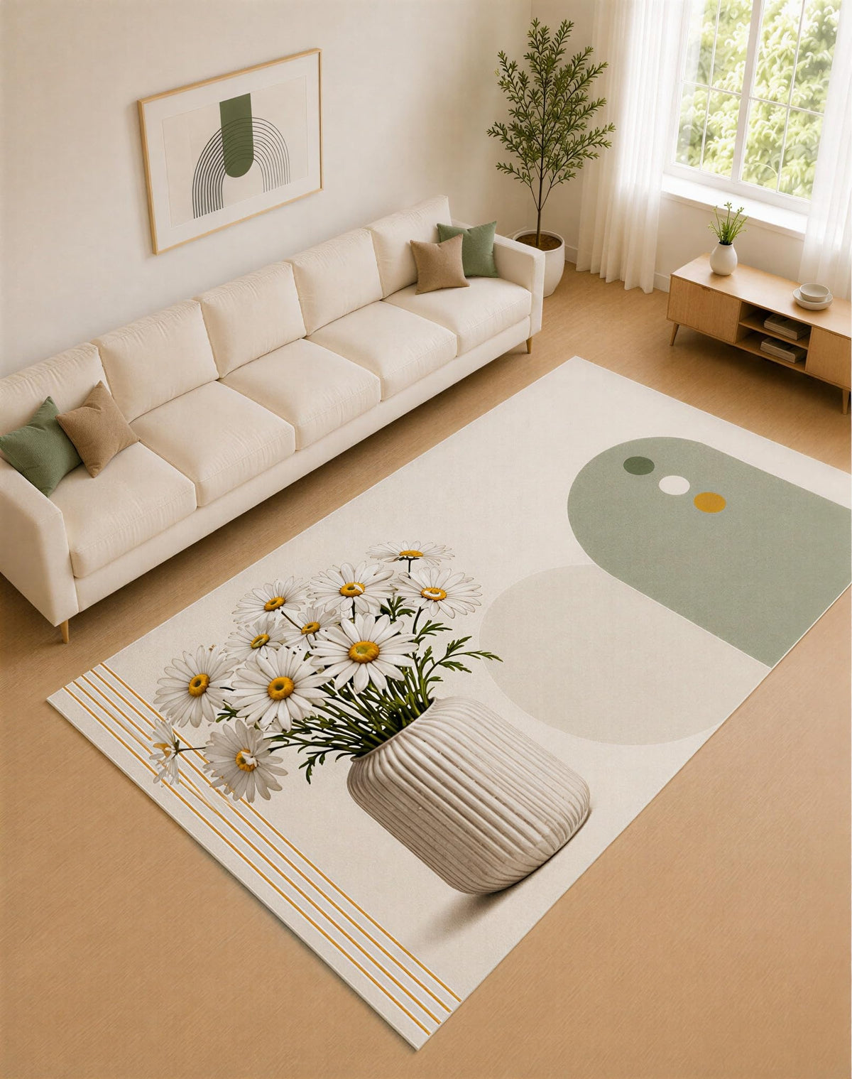 ICE ARMOR Large 6'7" x 9'10" Sage Green and Ivory Daisy Vase Area Rug for Living Room, Soft Low Pile Carpet with Non-Slip Silicone Backing, Decor for Bedroom and Home Office
