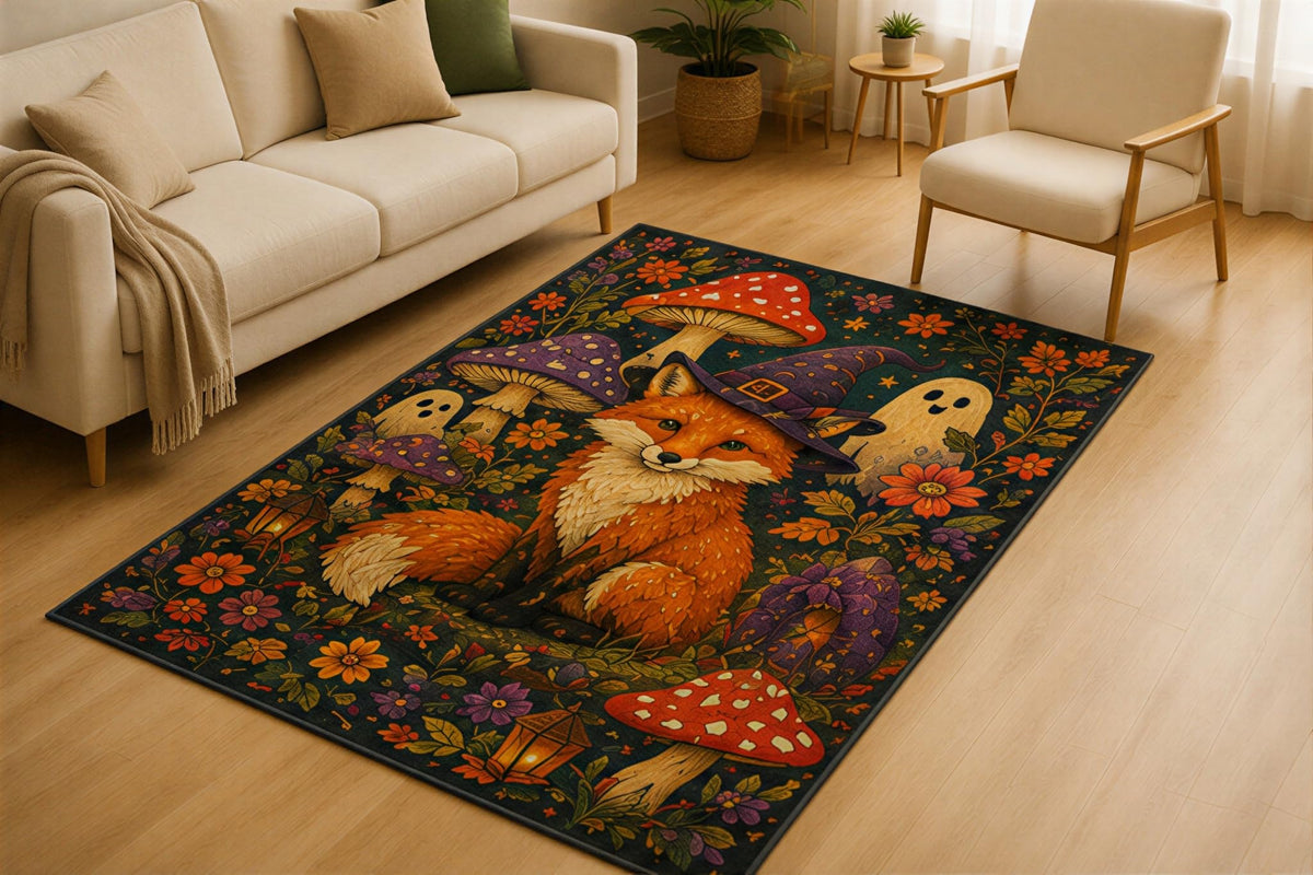ICE ARMOR 5' x 7' Enchanted Fox Mushroom Area Rug for Living Room, Soft Low Pile Indoor Rug with Non-Slip Silicone Backing, Woodland Fantasy Carpet for Bedroom, Playroom, Kids & Pets, Black Orange