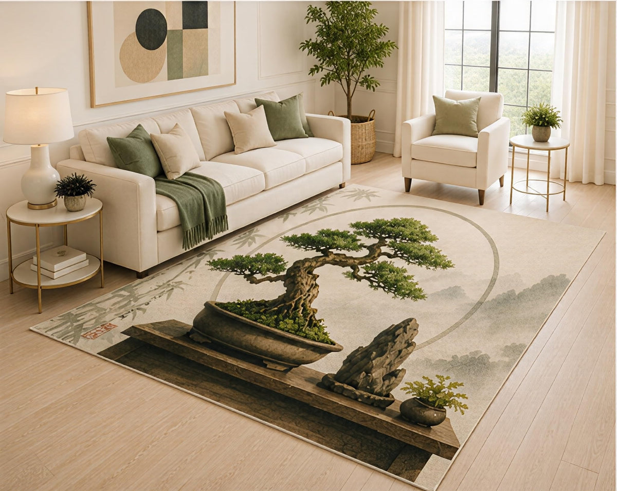 ICE ARMOR 5' x 7' Zen Bonsai Tree Area Rug, Japanese Nature Landscape Art Design for Living Room Bedroom Meditation Room, Non-Slip Silicone Backing, Low Pile Carpet