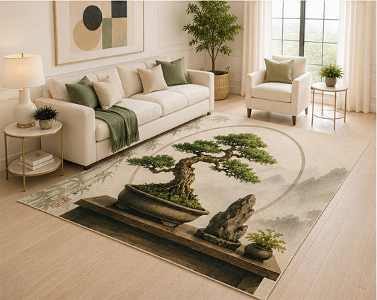 ICE ARMOR 5' x 7' Zen Bonsai Tree Area Rug, Japanese Nature Landscape Art Design for Living Room Bedroom Meditation Room, Non-Slip Silicone Backing, Low Pile Carpet