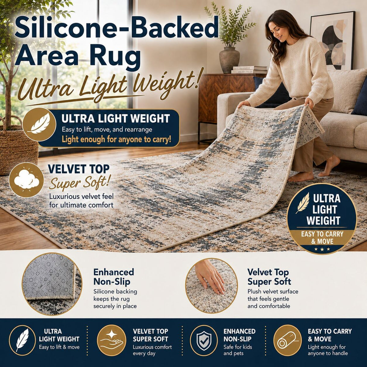 ICE ARMOR 5' x 7' Minimalist Floral Line Art Area Rug, Abstract Woman Face Beige Botanical Design for Living Room Bedroom Office, Non-Slip Silicone Backing Low Pile