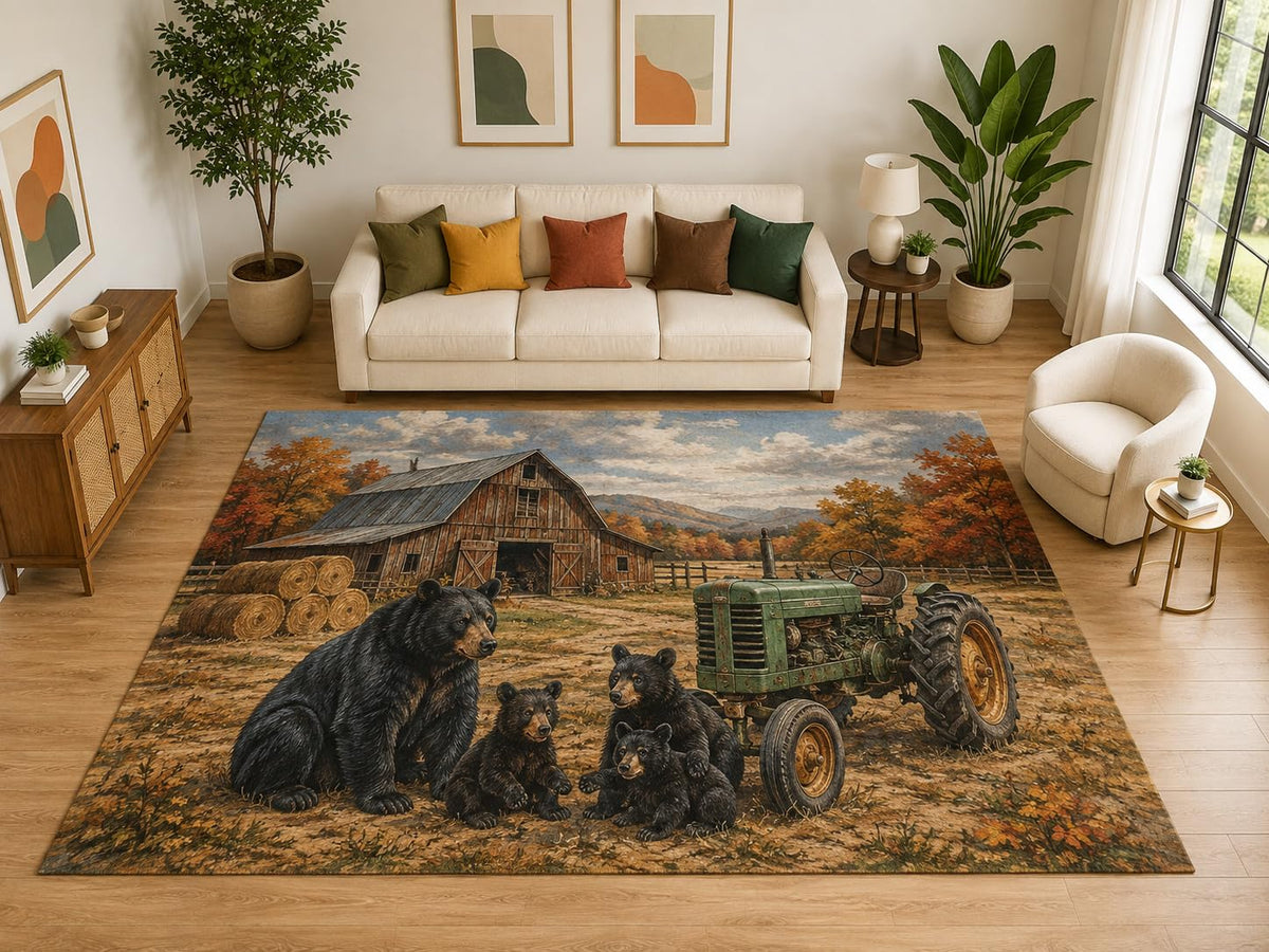 ICE ARMOR "Ultra Light Weight Large 6'7" x 9'10" Bear Farm Tractor Rug, Soft Low Pile Indoor Rug, Non-Slip Silicone Backing for Living Room Brown