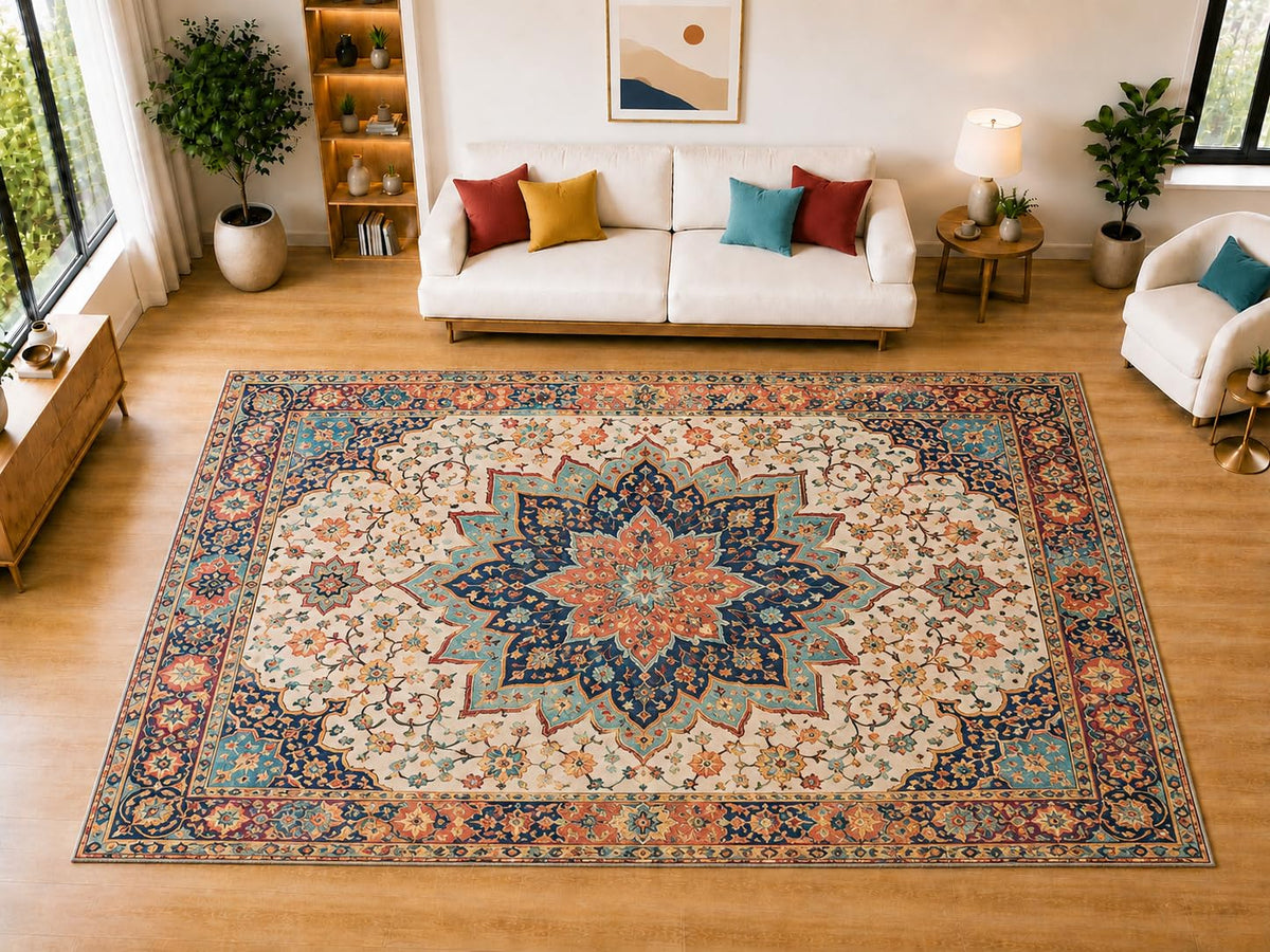 ICE ARMOR "Ultra Light Weight Large 6'7" x 9'10" Star Medallion Border Area Rug for Living Room, Bedroom, Dining Room, Soft Low Pile Non-Slip Backing, Navy Aqua Coral Cream