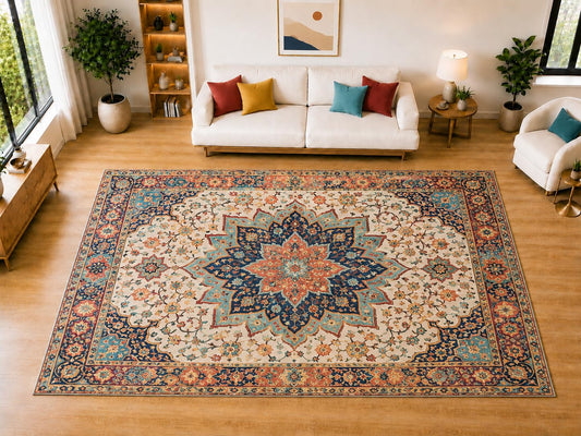ICE ARMOR "Ultra Light Weight Large 6'7" x 9'10" Star Medallion Border Area Rug for Living Room, Bedroom, Dining Room, Soft Low Pile Non-Slip Backing, Navy Aqua Coral Cream