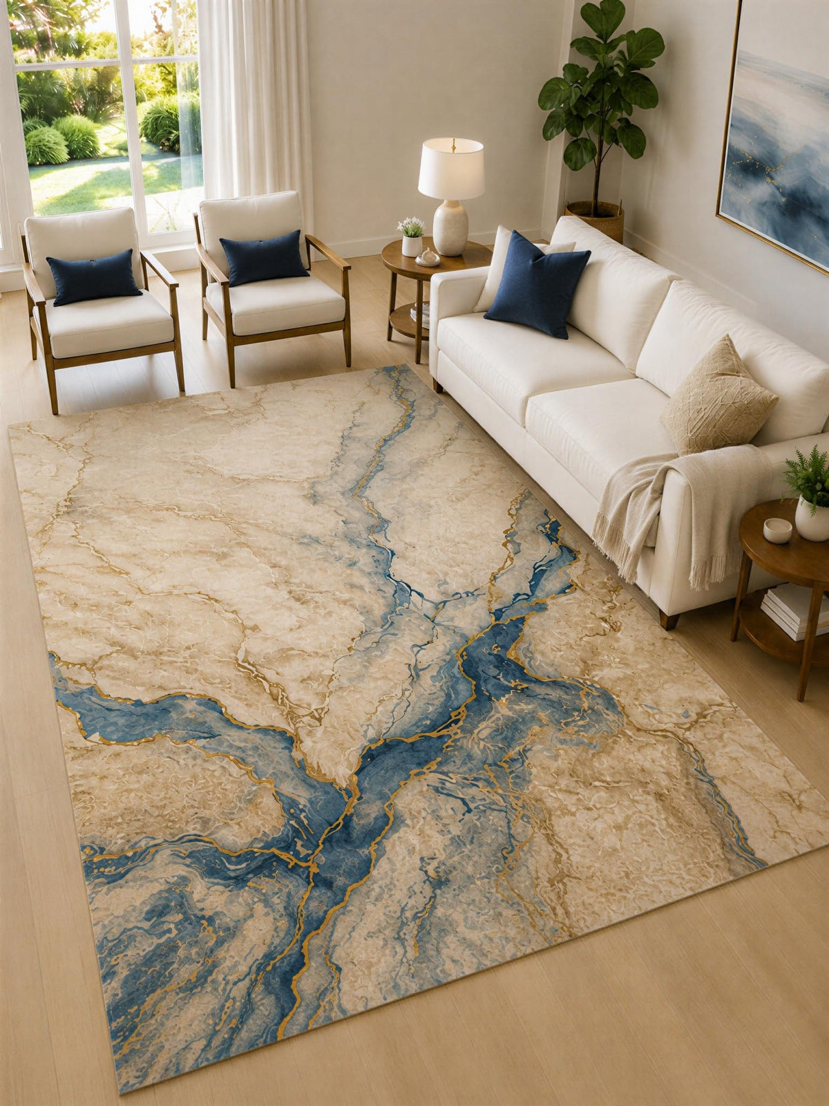 ICE ARMOR Large 6'7" x 9'10" Blue and Cream Mineral Stream Area Rug for Living Room, Soft Low Pile Carpet with Non-Slip Silicone Backing, Decor for Bedroom and Home Office