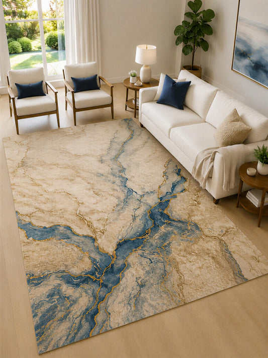 ICE ARMOR Large 6'7" x 9'10" Blue and Cream Mineral Stream Area Rug for Living Room, Soft Low Pile Carpet with Non-Slip Silicone Backing, Decor for Bedroom and Home Office