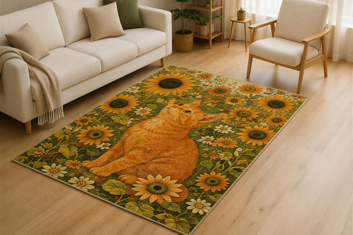 ICE ARMOR 5' x 7' Sunflower Cat Area Rug for Living Room, Soft Low Pile Indoor Rug with Non-Slip Silicone Backing, Botanical Floral Carpet for Bedroom, Office, Family Room, Kids & Pets, Yellow Green
