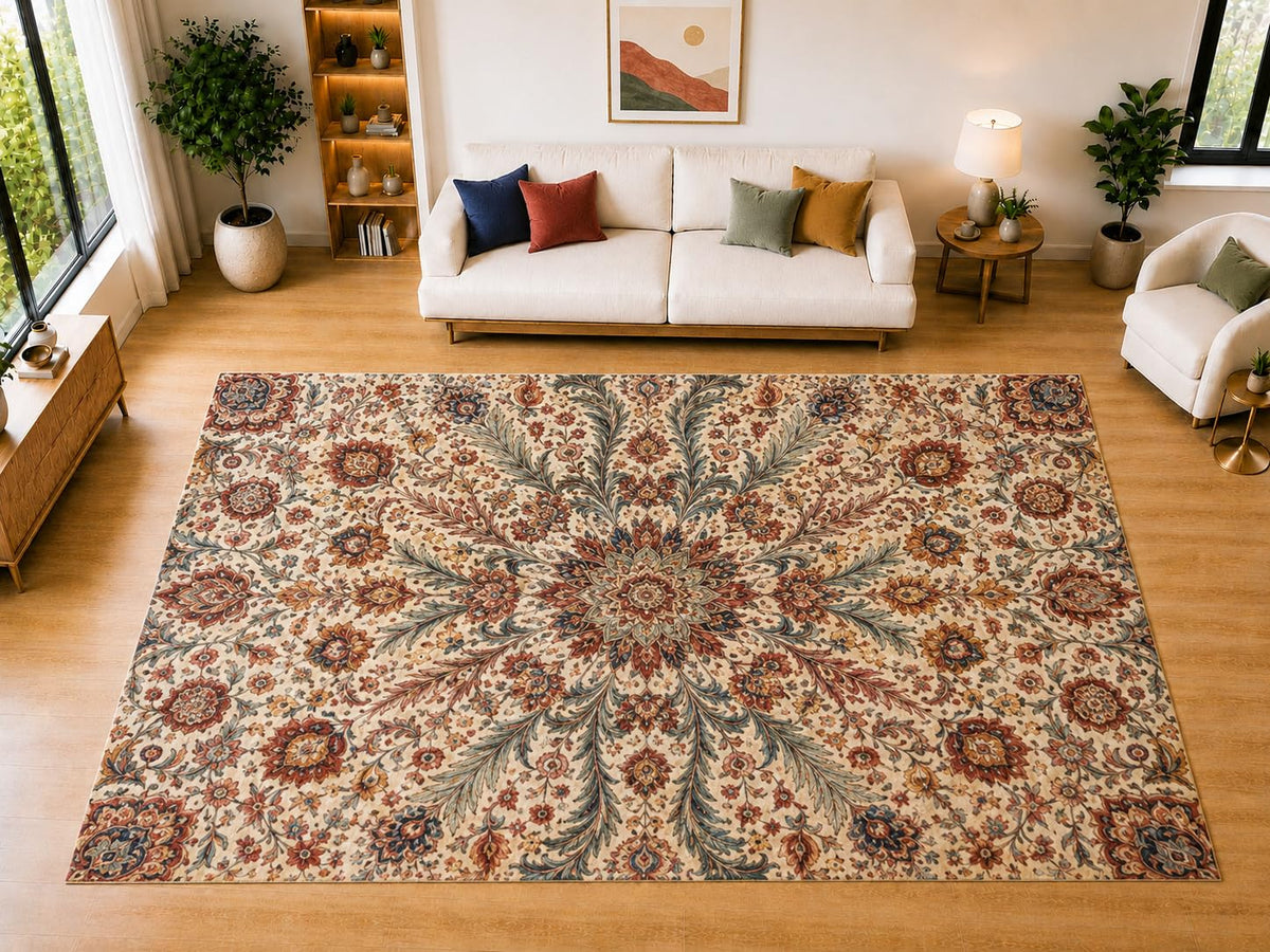 ICE ARMOR "Ultra Light Weight Large 6'7" x 9'10" Radiating Floral Medallion Area Rug for Living Room, Bedroom, Dining Room, Soft Low Pile Non-Slip Backing, Rust Navy Cream