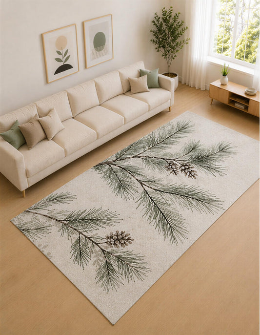 ICE ARMOR Large 6'7" x 9'10" Sage Green and Ivory Pine Branch Area Rug for Living Room, Soft Low Pile Carpet with Non-Slip Silicone Backing, Decor for Bedroom and Home Office