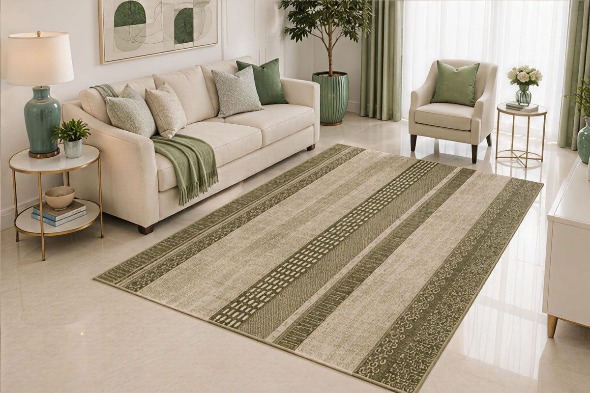 ICE ARMOR 5' x 7' Modern Striped Area Rug, Neutral Sage Green Geometric Border Design for Living Room Bedroom Dining Room, Non-Slip Silicone Backing, Low Pile Carpet