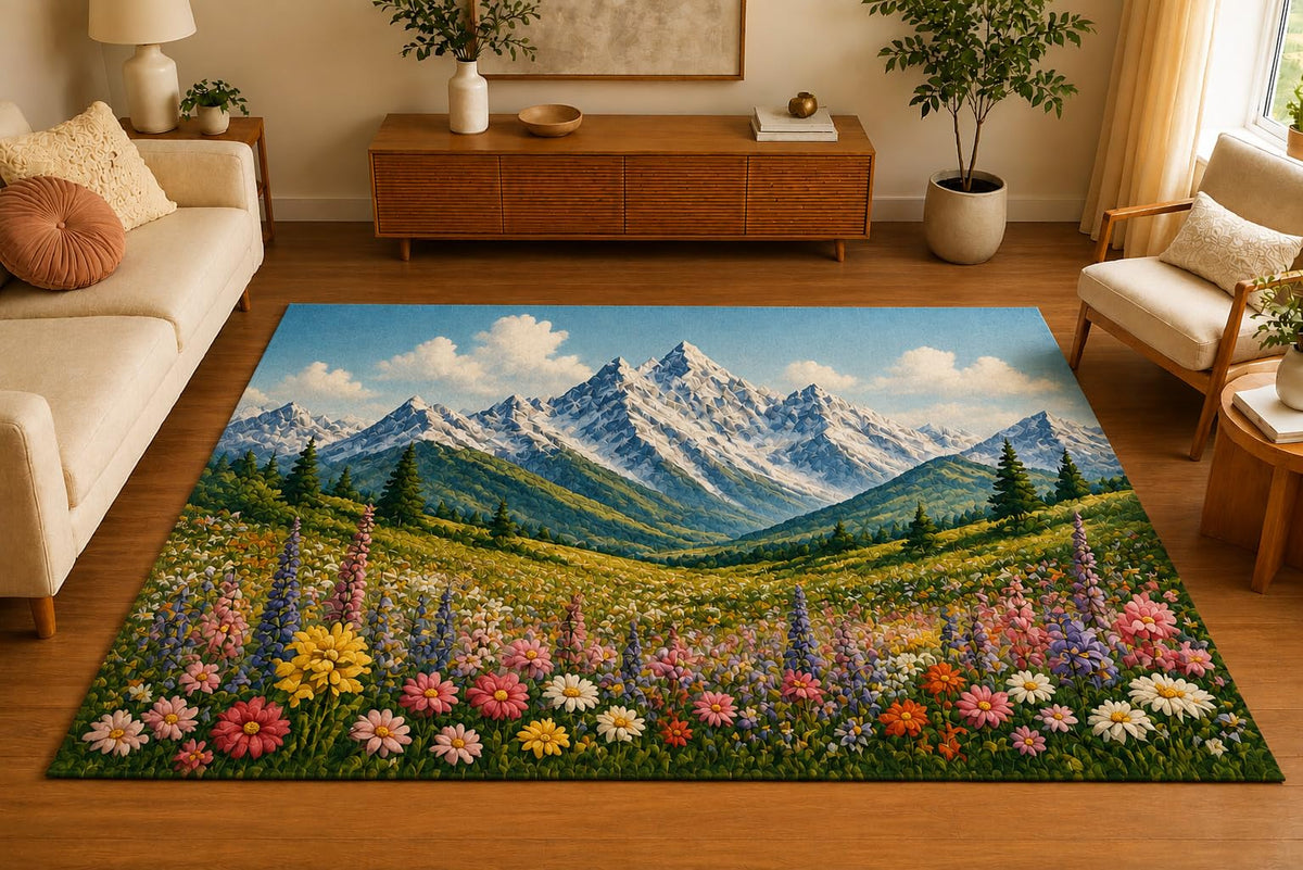 ICE ARMOR 5' x 7' Snowy Mountain Wildflower Meadow Area Rug, Soft Low Pile Indoor Rug with Non-Slip Silicone Backing, Scenic Carpet for Living Room, Bedroom, Family Room, Sage Green