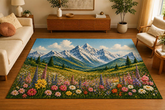 ICE ARMOR 5' x 7' Snowy Mountain Wildflower Meadow Area Rug, Soft Low Pile Indoor Rug with Non-Slip Silicone Backing, Scenic Carpet for Living Room, Bedroom, Family Room, Sage Green