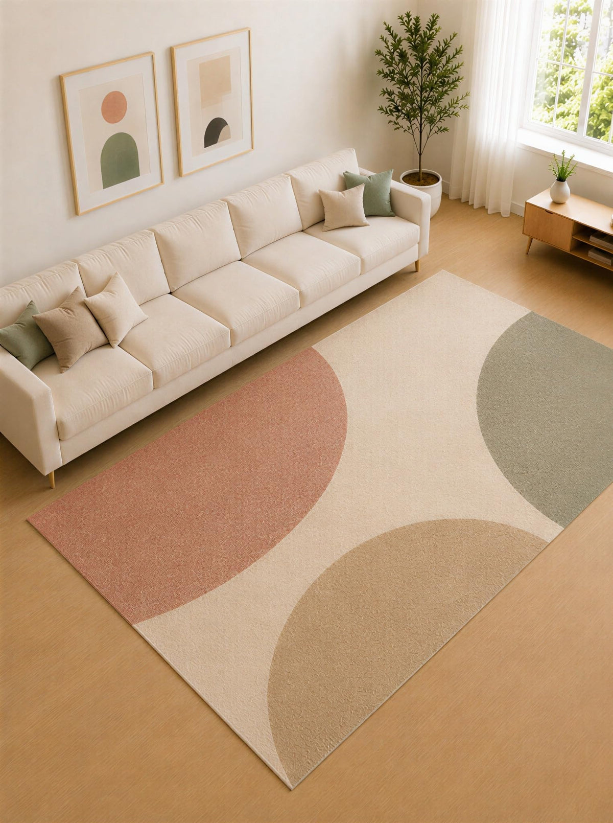 ICE ARMOR Large 6'7" x 9'10" Blush Pink and Sage Green Modern Arches Area Rug for Living Room, Soft Low Pile Carpet with Non-Slip Silicone Backing, Decor for Bedroom and Home Office