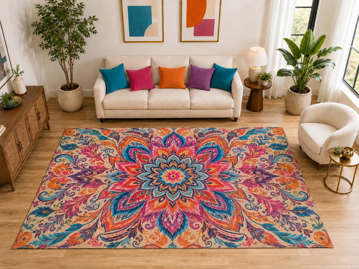 ICE ARMOR "Ultra Light Weight Large 6'7" x 9'10" Boho Floral Mandala Rug, Soft Low Pile Indoor Rug, Non-Slip Silicone Backing for Family Room Beige
