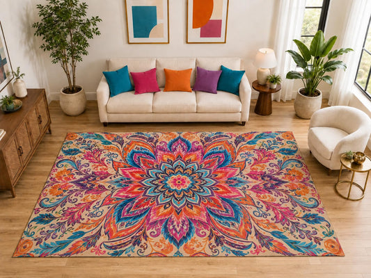 ICE ARMOR "Ultra Light Weight Large 6'7" x 9'10" Boho Floral Mandala Rug, Soft Low Pile Indoor Rug, Non-Slip Silicone Backing for Family Room Beige