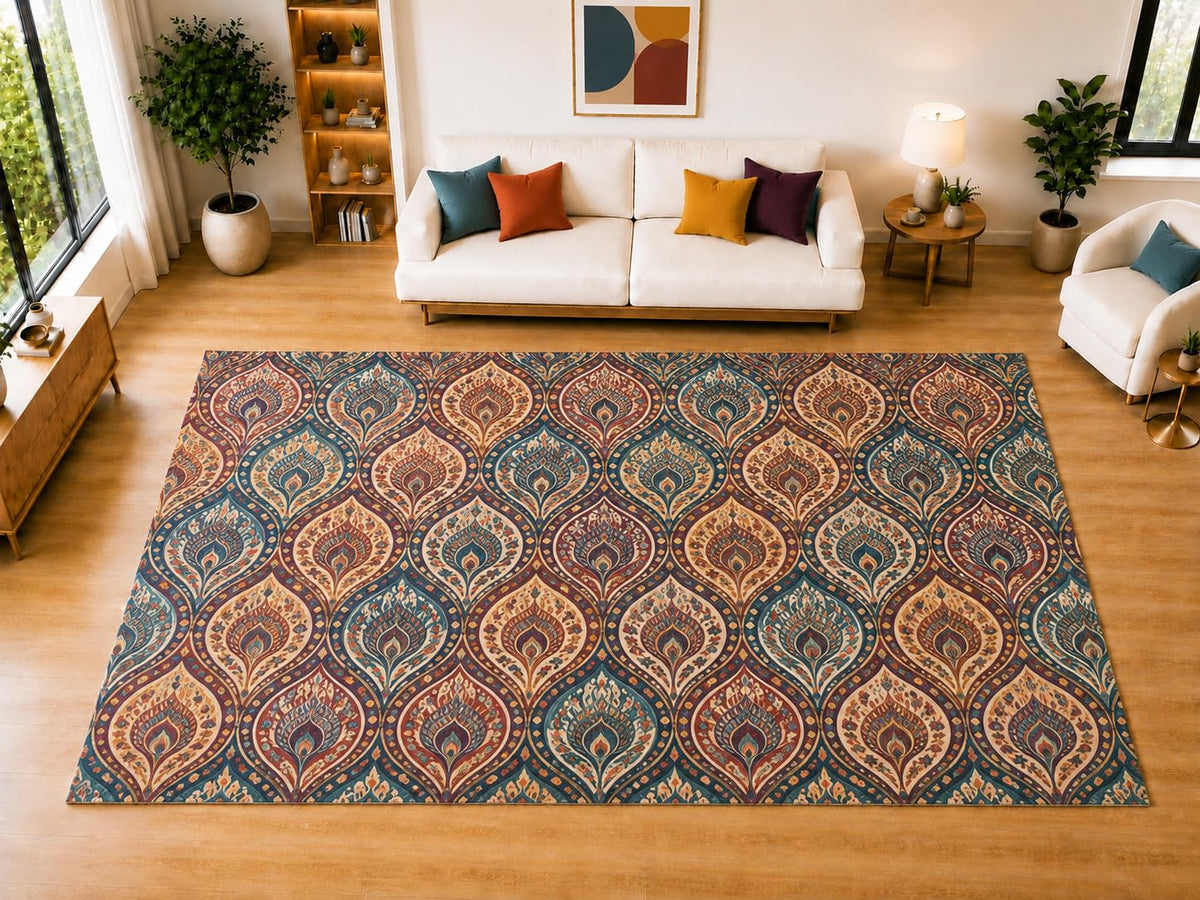 ICE ARMOR "Ultra Light Weight Large 6'7" x 9'10" Paisley Drop Pattern Area Rug for Living Room Bedroom Dining Room, Soft Low Pile Non-Slip Backing, Teal Orange Burgundy Cream Boho Decor