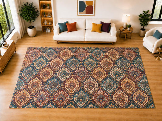 ICE ARMOR "Ultra Light Weight Large 6'7" x 9'10" Paisley Drop Pattern Area Rug for Living Room Bedroom Dining Room, Soft Low Pile Non-Slip Backing, Teal Orange Burgundy Cream Boho Decor