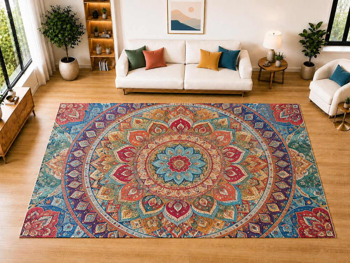 ICE ARMOR "Ultra Light Weight Large 6'7" x 9'10" Floral Mandala Area Rug for Living Room Bedroom Dining Room, Soft Low Pile Non-Slip Backing, Coral Teal Blue Cream Boho Decor