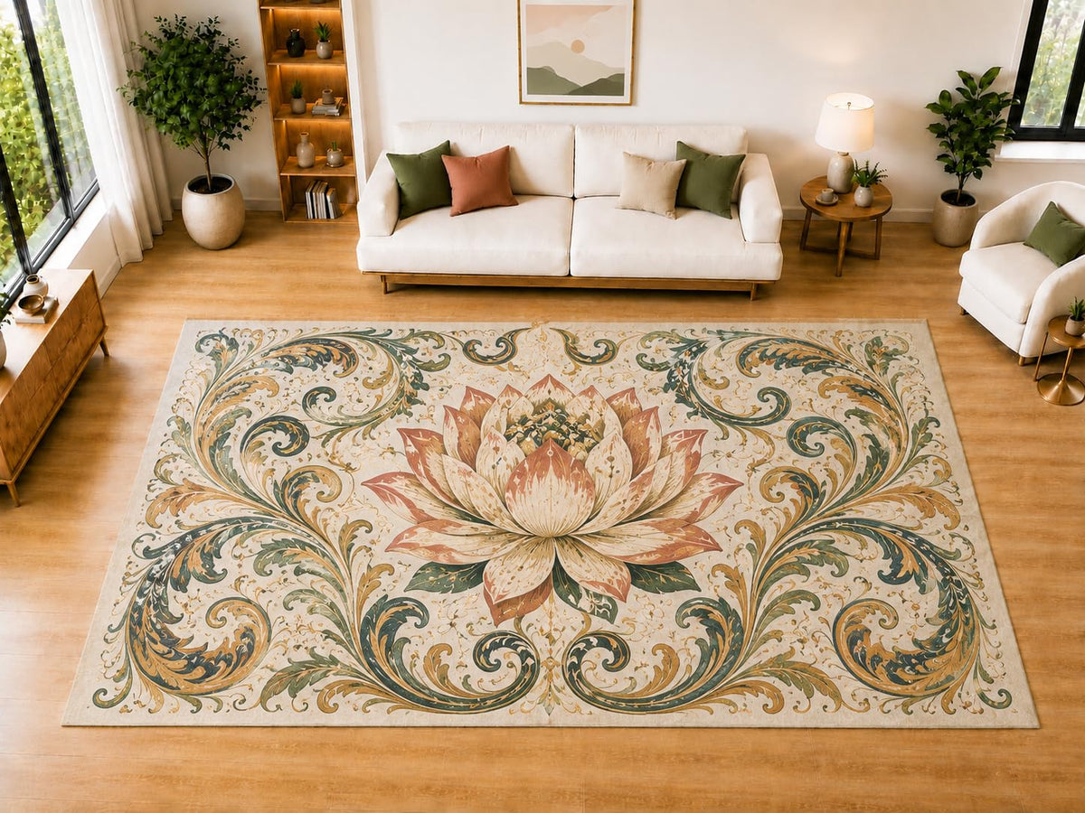 ICE ARMOR "Ultra Light Weight Large 6'7" x 9'10" Ornate Lotus Scroll Area Rug for Living Room, Bedroom, Dining Room, Soft Low Pile Non-Slip Backing, Terracotta Teal