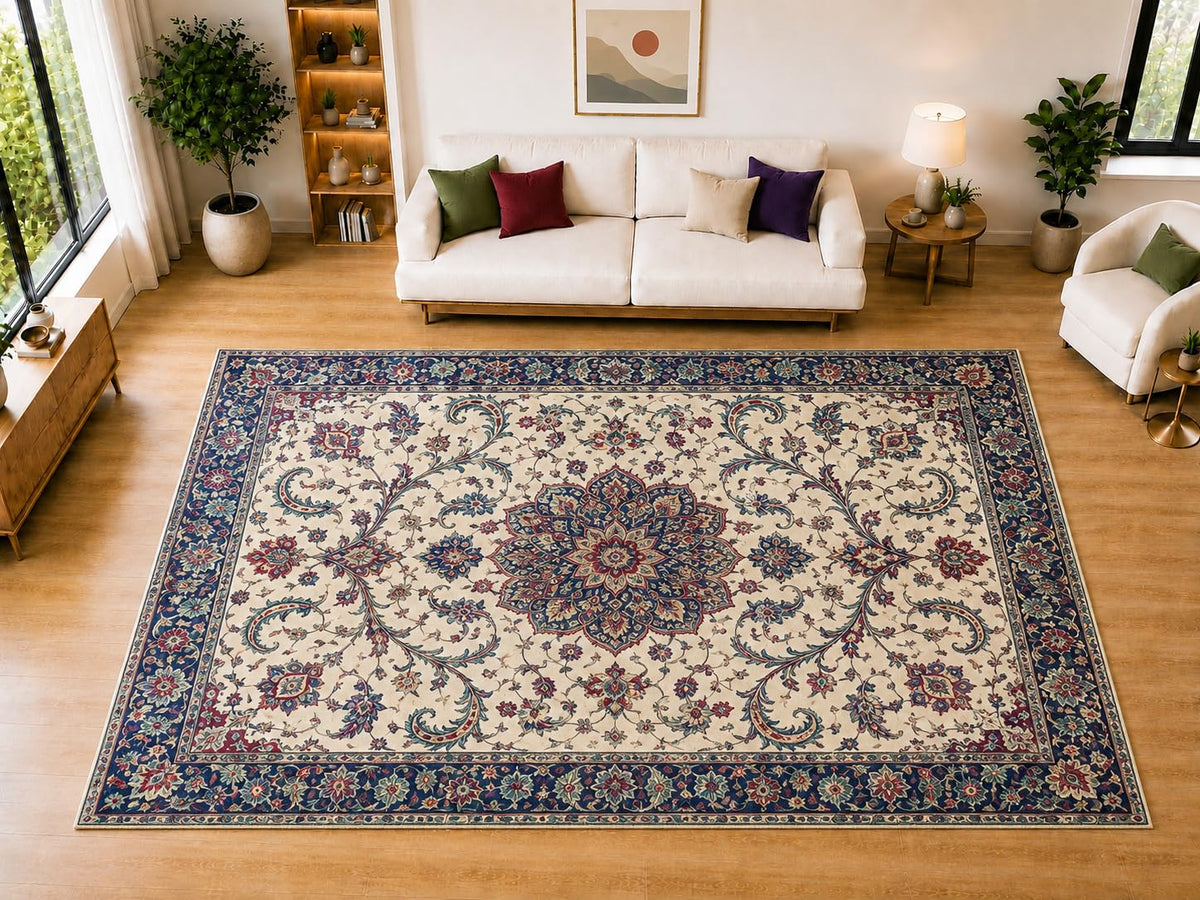 ICE ARMOR "Ultra Light Weight Large 6'7" x 9'10" Classic Vine Rosette Area Rug for Living Room, Bedroom, Dining Room, Soft Low Pile Non-Slip Backing, Ivory Navy Burgundy Teal
