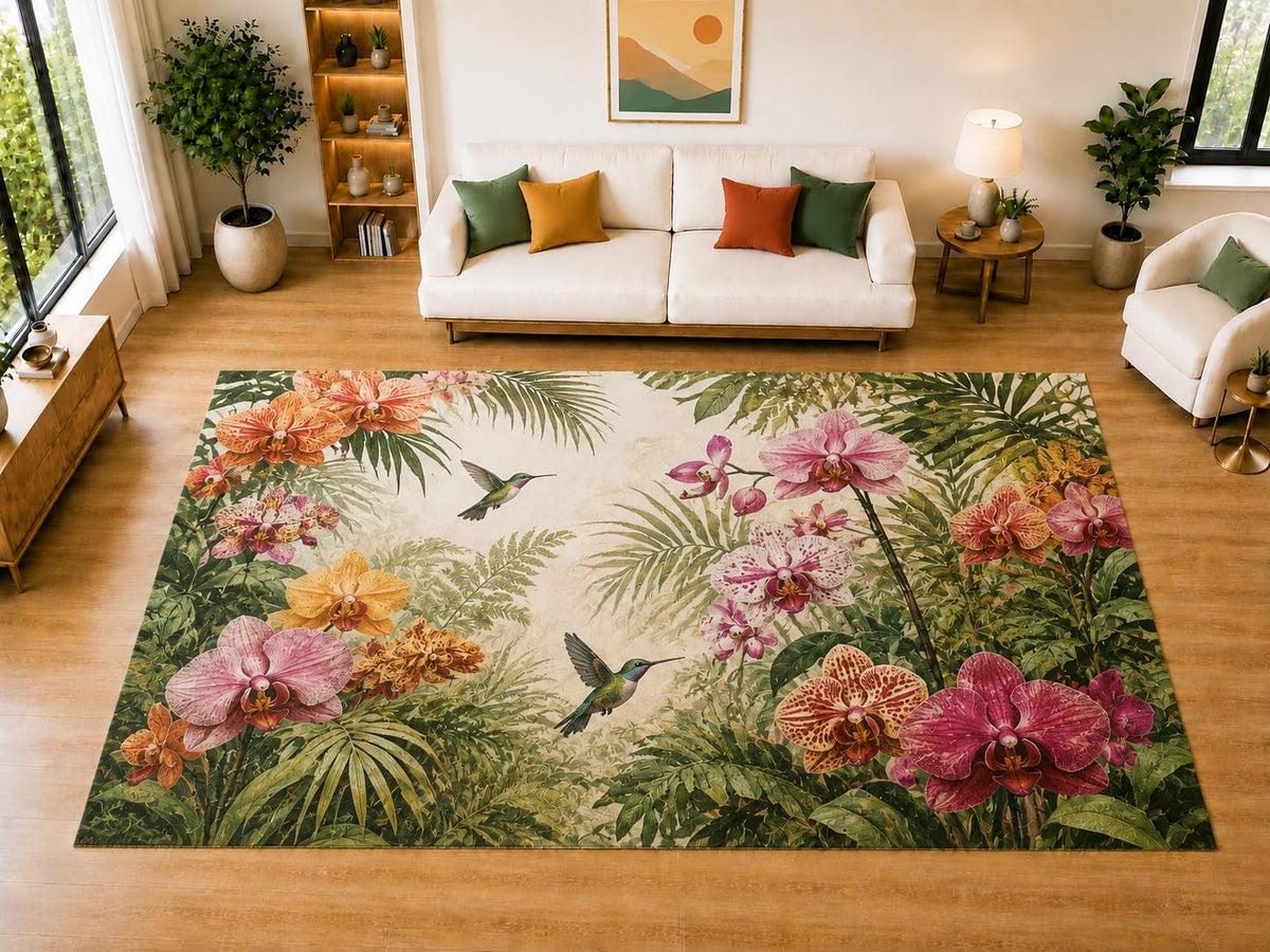 ICE ARMOR "Ultra Light Weight Large 6'7 x 9'10 Tropical Orchid Hummingbird Area Rug for Living Room, Dining Room, and Bedroom, Soft Low Pile Indoor Rug, Botanical Floor Decor