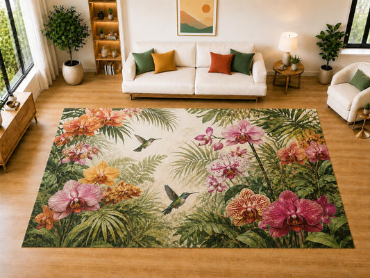 ICE ARMOR "Ultra Light Weight Large 6'7 x 9'10 Tropical Orchid Hummingbird Area Rug for Living Room, Dining Room, and Bedroom, Soft Low Pile Indoor Rug, Botanical Floor Decor