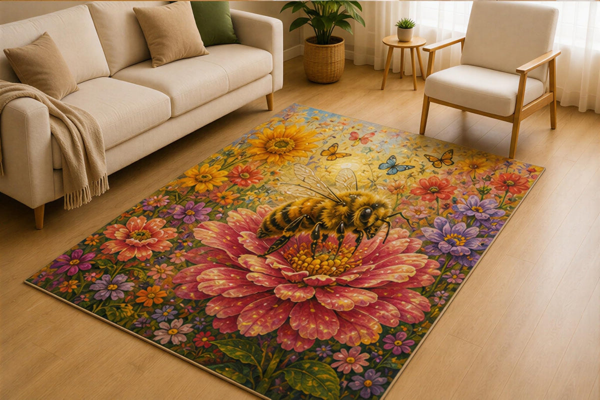 ICE ARMOR 5' x 7' Honey Bee Wildflower Garden Area Rug for Living Room, Soft Low Pile Indoor Rug with Non-Slip Silicone Backing, Botanical Carpet for Bedroom, Office, Family Room, Yellow Pink