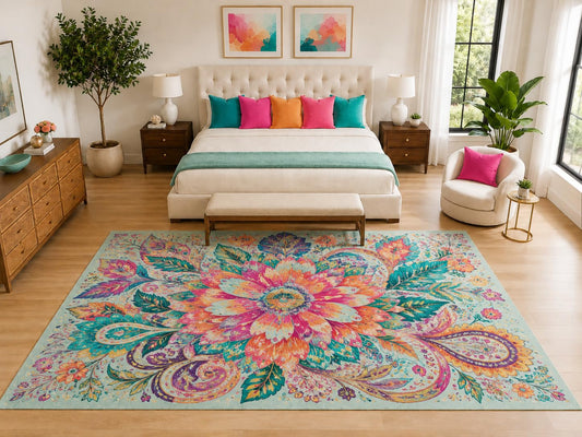 ICE ARMOR "Ultra Light Weight Large 6'7" x 9'10" Boho Floral Paisley Rug, Soft Low Pile Indoor Rug, Non-Slip Silicone Backing for Living Room Aqua