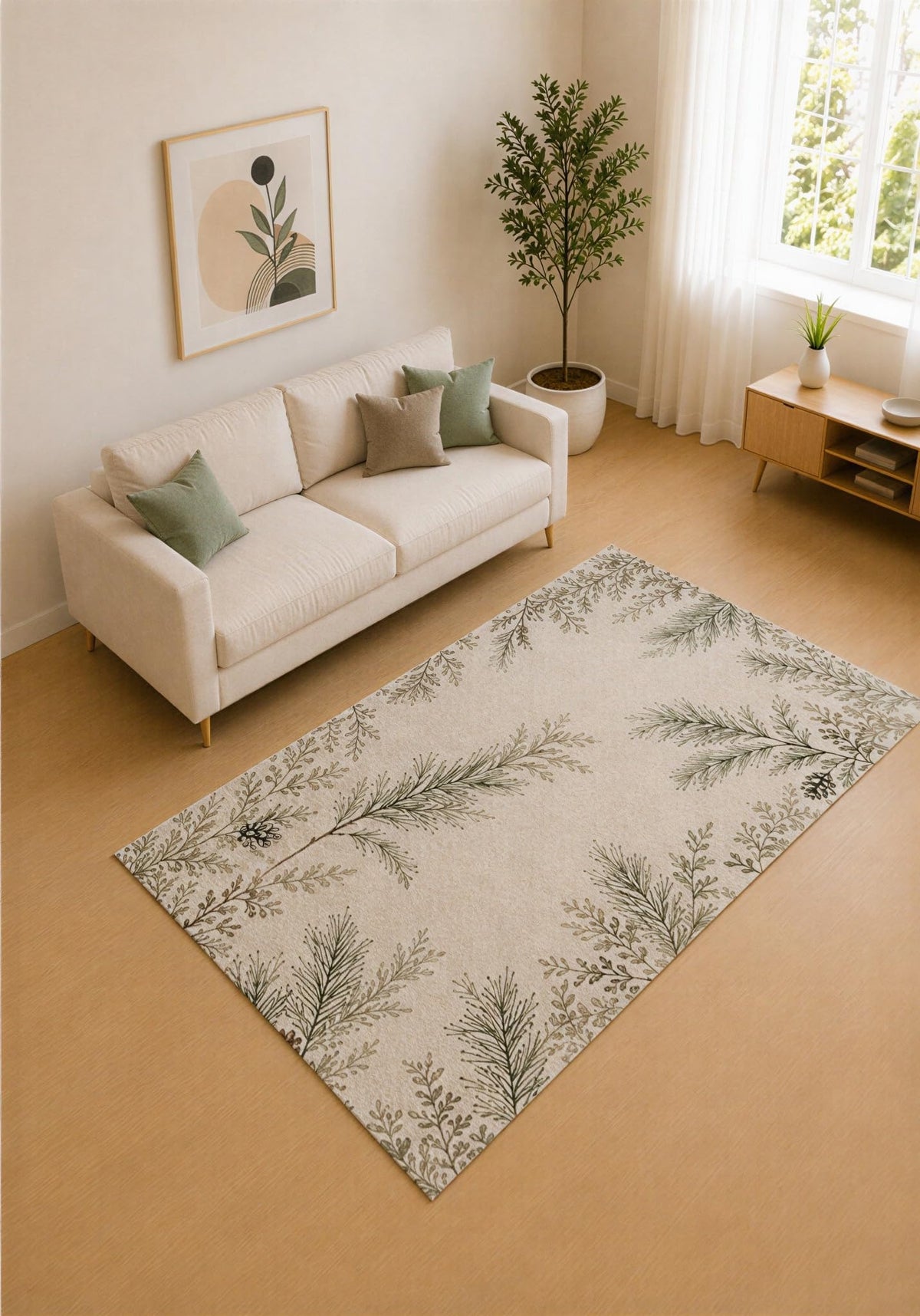 ICE ARMOR 5' x 7' Olive Green and Beige Pine Canopy Area Rug for Living Room, Soft Low Pile Carpet with Non-Slip Silicone Backing, Decor for Bedroom and Home Office