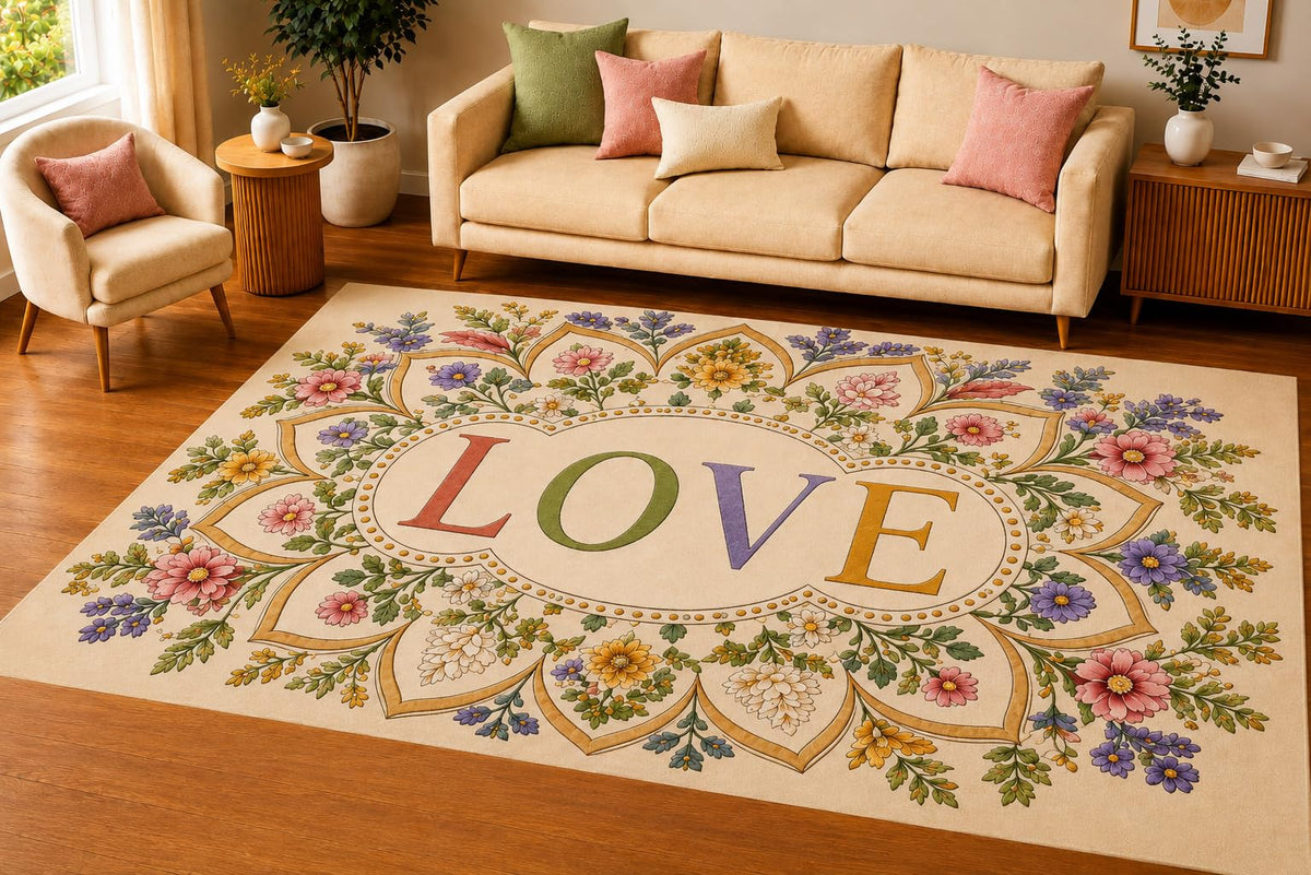 ICE ARMOR 5' x 7' Floral Mandala Love Area Rug, Soft Low Pile Indoor Rug with Non-Slip Silicone Backing, Decorative Carpet for Living Room, Bedroom, Dining Room, Family Room, Beige Pastel