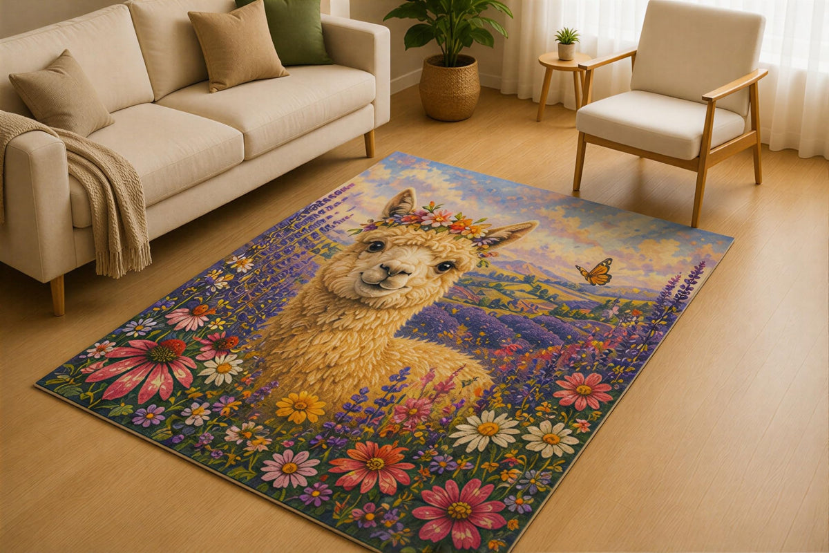 ICE ARMOR 5' x 7' Alpaca Lavender Meadow Area Rug for Living Room, Soft Low Pile Indoor Rug with Non-Slip Silicone Backing, Floral Farmhouse Carpet for Bedroom, Nursery, Kids & Pets, Purple Beige