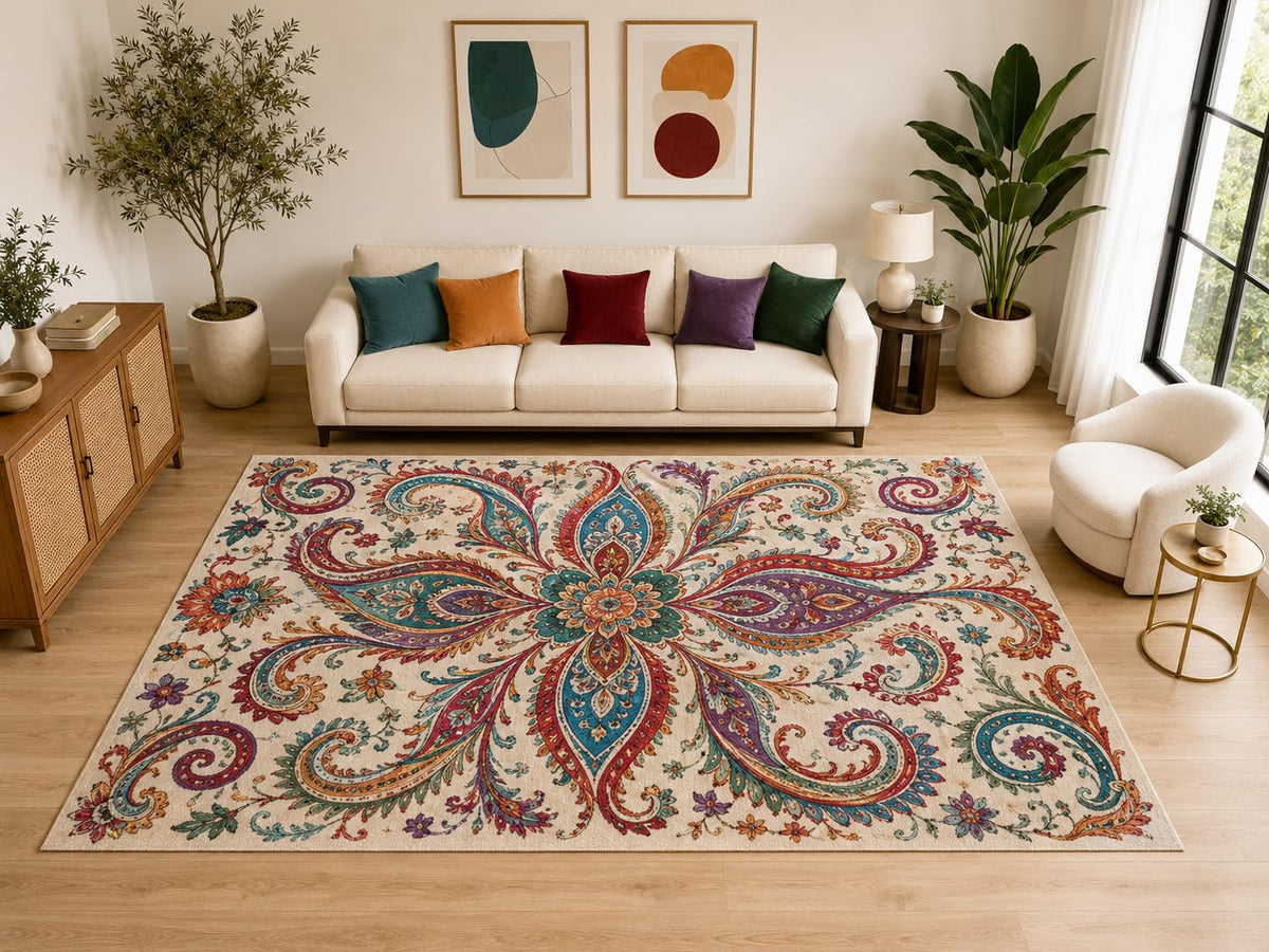 ICE ARMOR "Ultra Light Weight Large 6'7" x 9'10" Boho Paisley Floral Rug, Soft Low Pile Indoor Rug, Non-Slip Silicone Backing for Living Room Beige