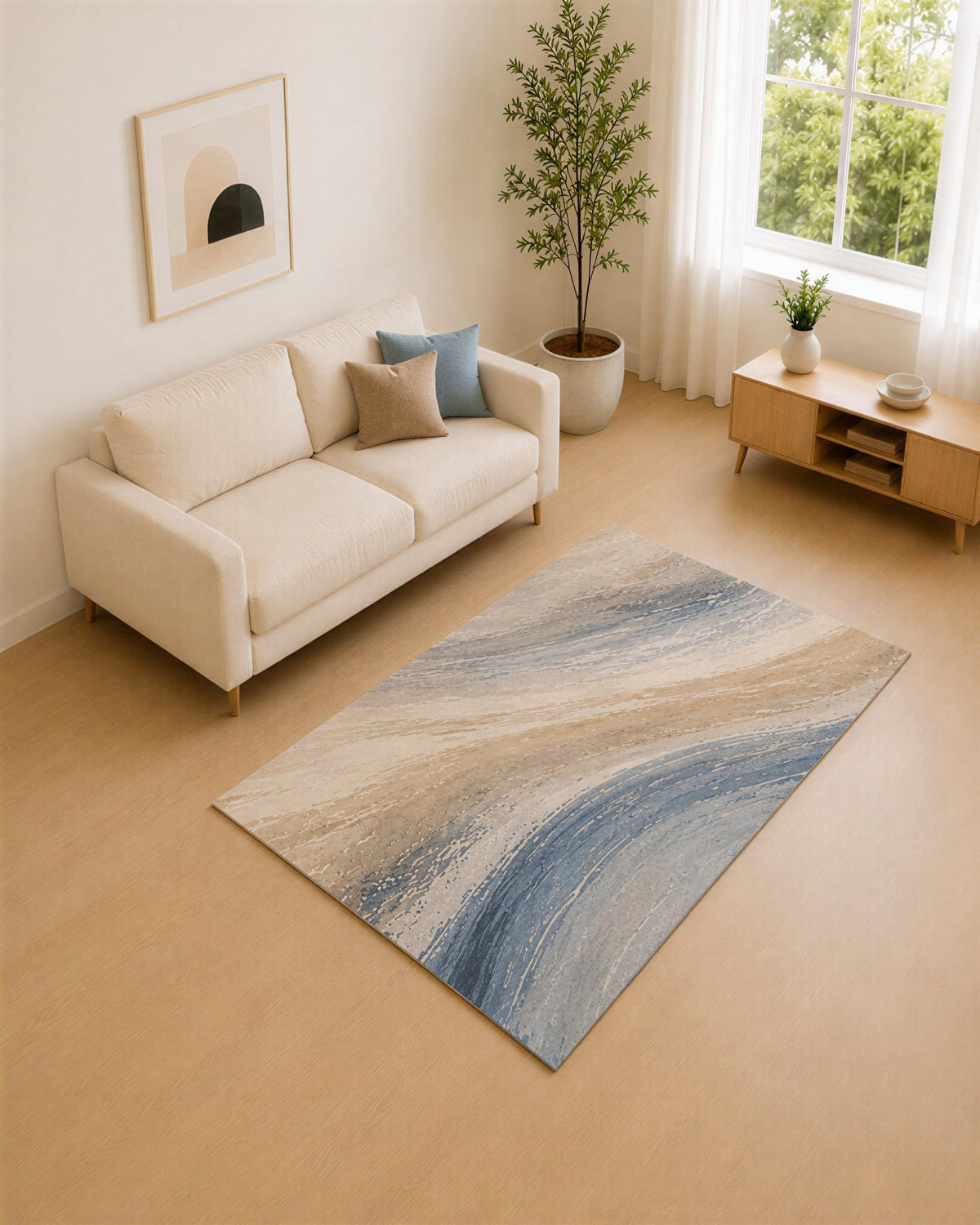 ICE ARMOR 5' x 7' Blue Gray and Beige Brushstroke Flow Area Rug for Living Room, Soft Low Pile Carpet with Non-Slip Silicone Backing, Decor for Bedroom and Home Office