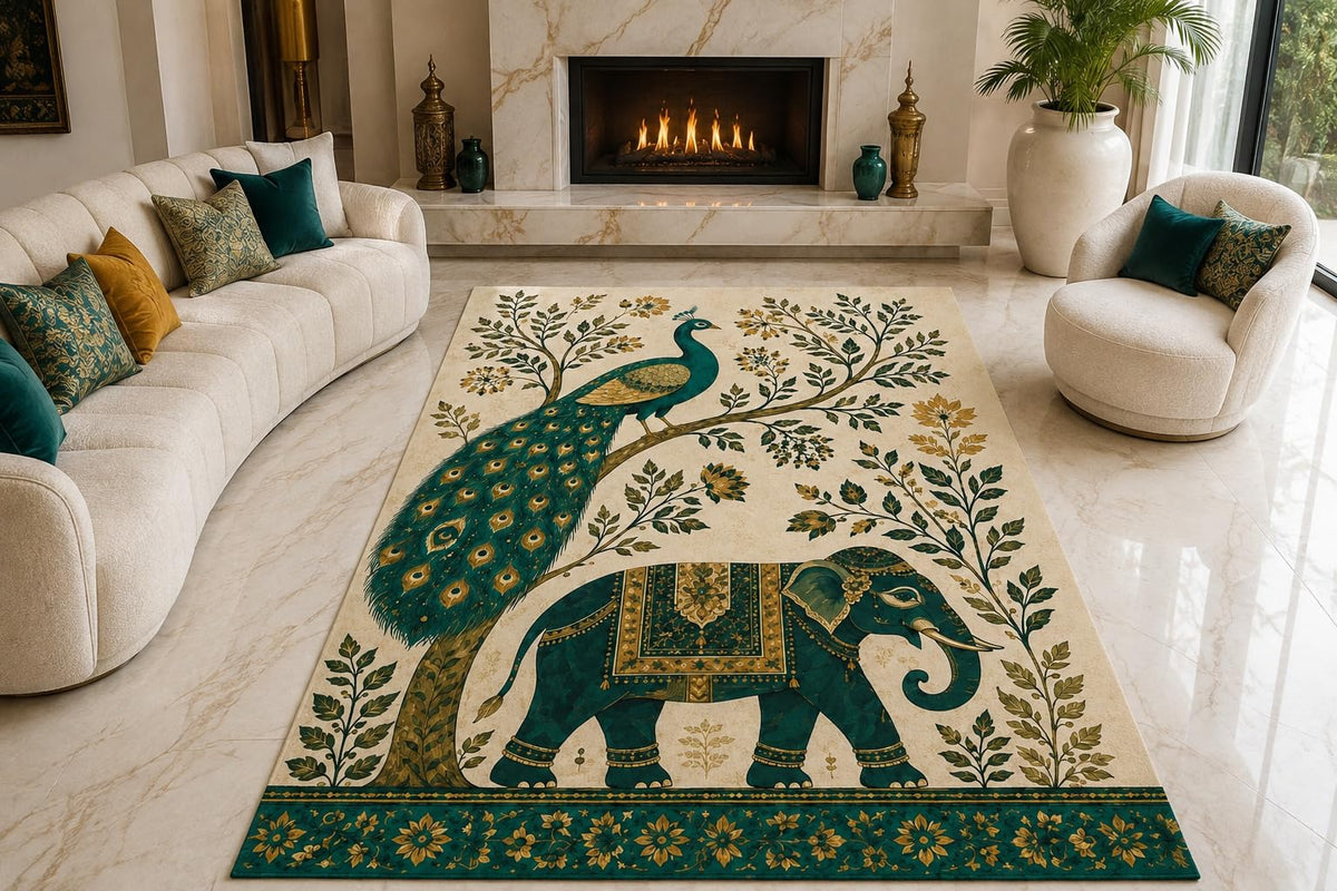 ICE ARMOR "Ultra Lightweight Large 6'7" x 9'10" Peacock Elephant Area Rug for Living Room, Bedroom and Home Office, Soft Low Pile Carpet with Non-Slip Silicone Backing, Teal and Cream