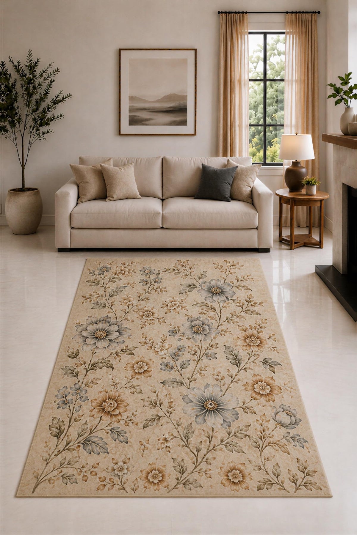ICE ARMOR "Ultra Lightweight 5' x 7' Beige and Gray Vintage Flower Area Rug for Living Room, Bedroom and Home Office, Soft Low Pile Carpet with Non-Slip Silicone Backing
