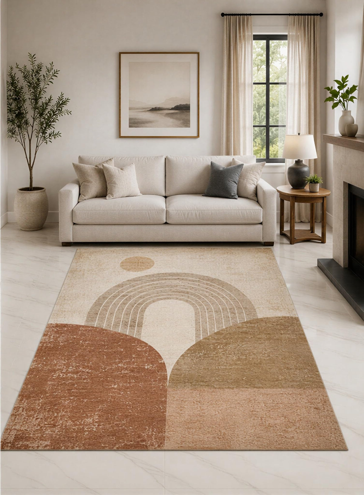ICE ARMOR "Ultra Lightweight 5' x 7' Rust and Beige Boho Rainbow Arch Area Rug for Living Room, Bedroom and Home Office, Soft Low Pile Carpet with Non-Slip Silicone Backing